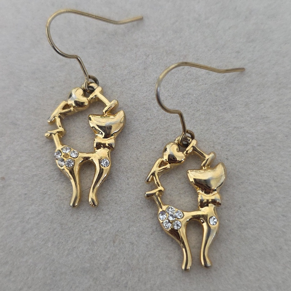 Gold Kitty Cat Dangle Earrings With Clear Rhinestones